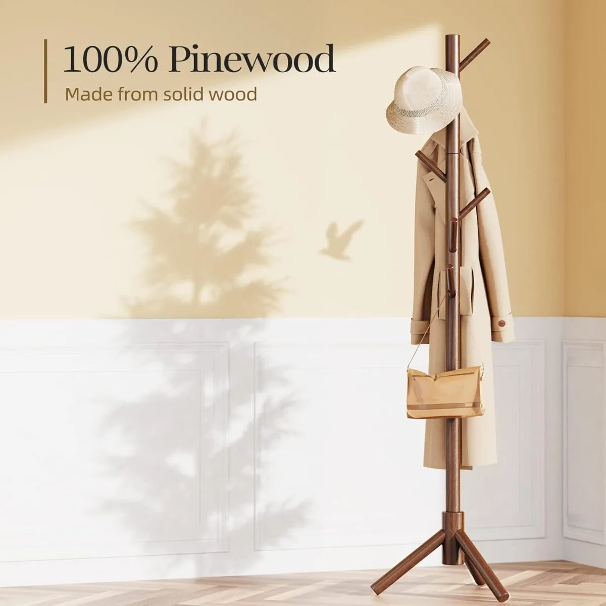 XIUWO Height Adjustable Wooden Coat Tree With 8 Hooks