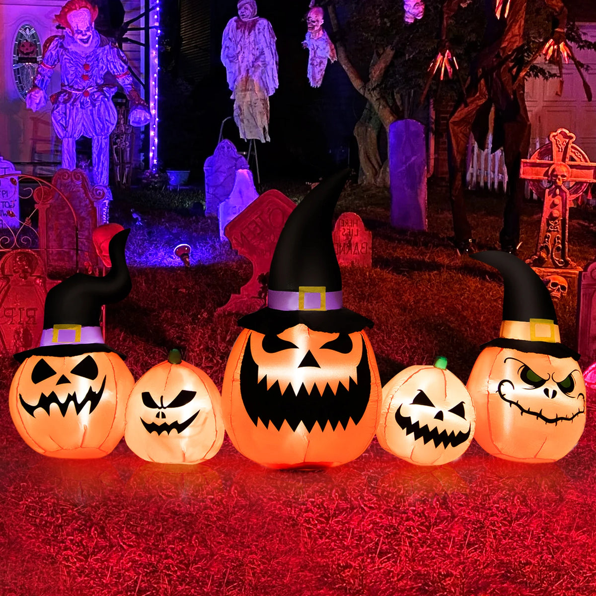 LIFEZEAL Halloween Inflatable Pumpkin With Witch Hat and LED Lights