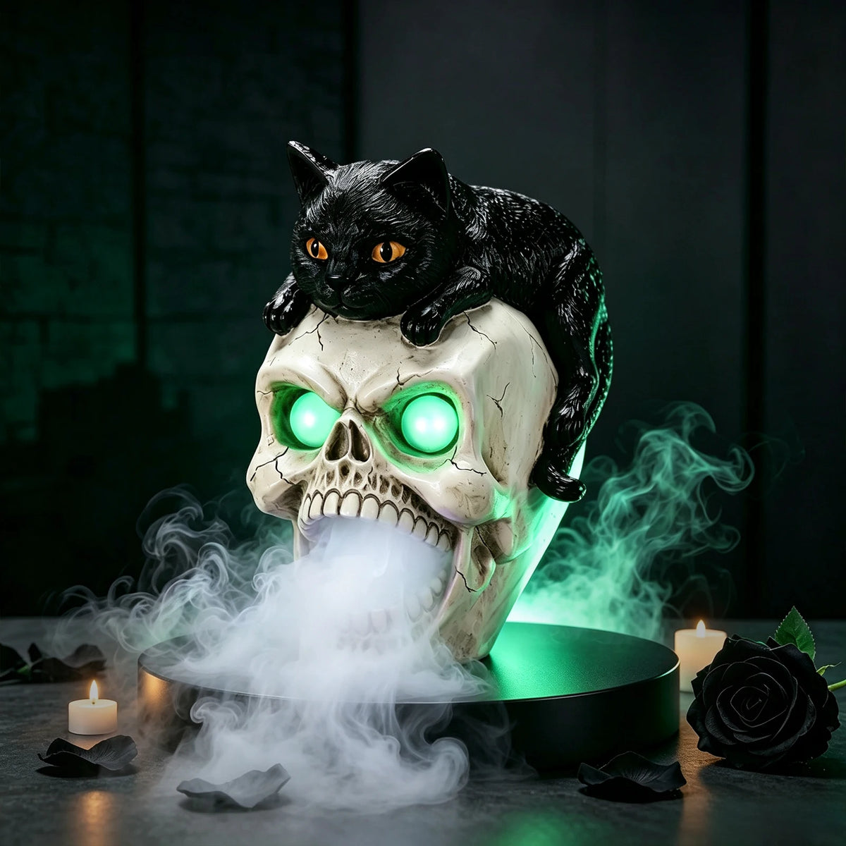 Halloween Black Cat Skull Statue With Fog And LED Lights