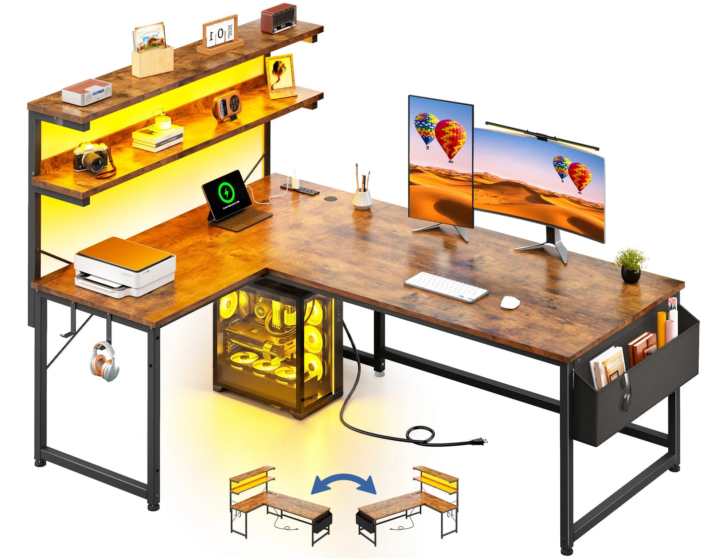 EnHomee L Shaped Office Desk With RGB LED Lights And Storage Shelf