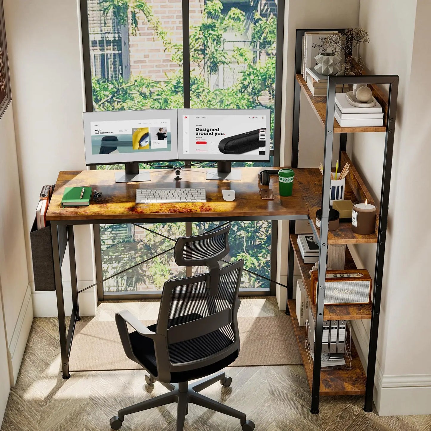 JHK 47 Inch L Shaped Desk with Storage Shelf Computer Table Gaming Wood Tables with Side Bag Adjustable Feet for Home Office