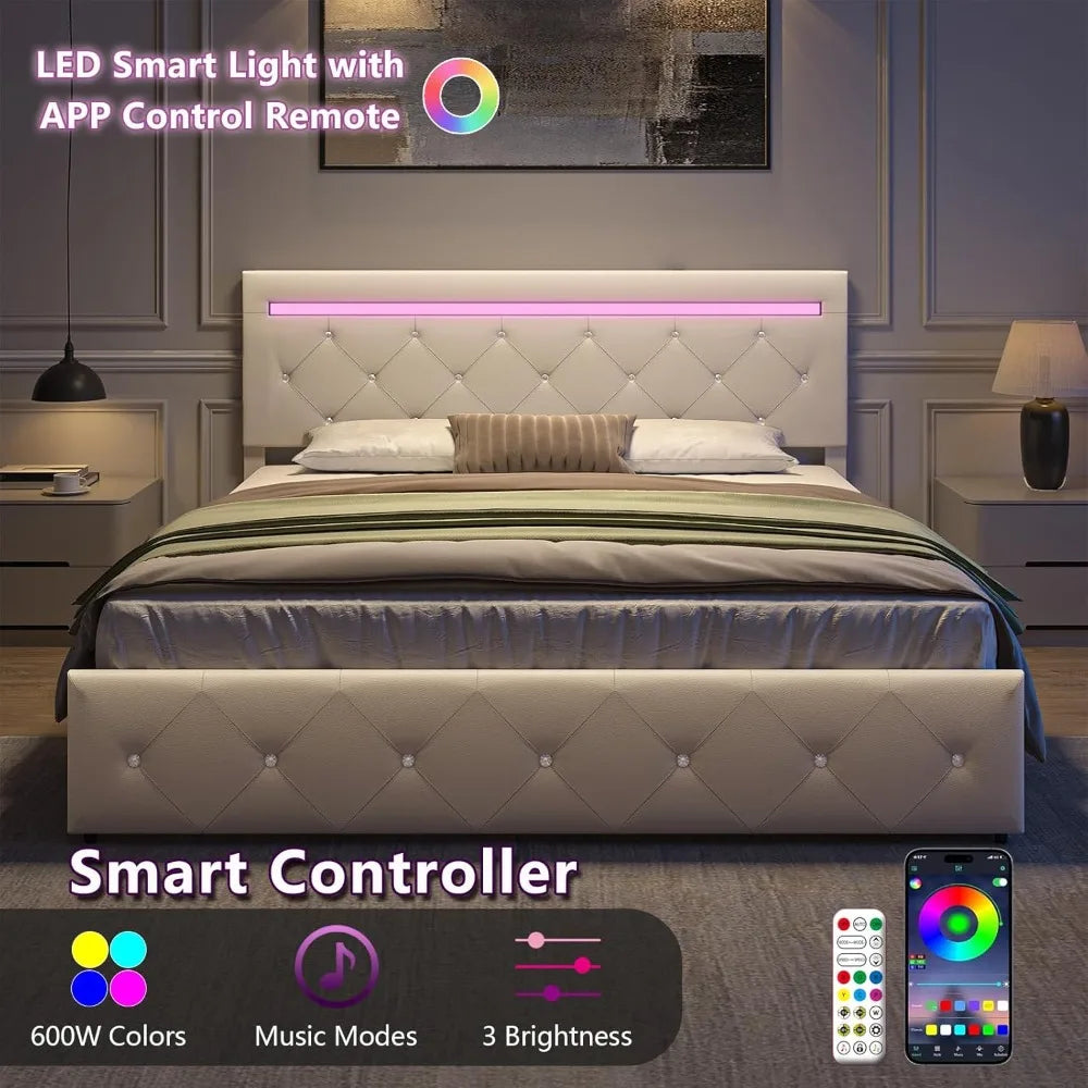 Bed Frame With Drawers LED Light USB Charge Station