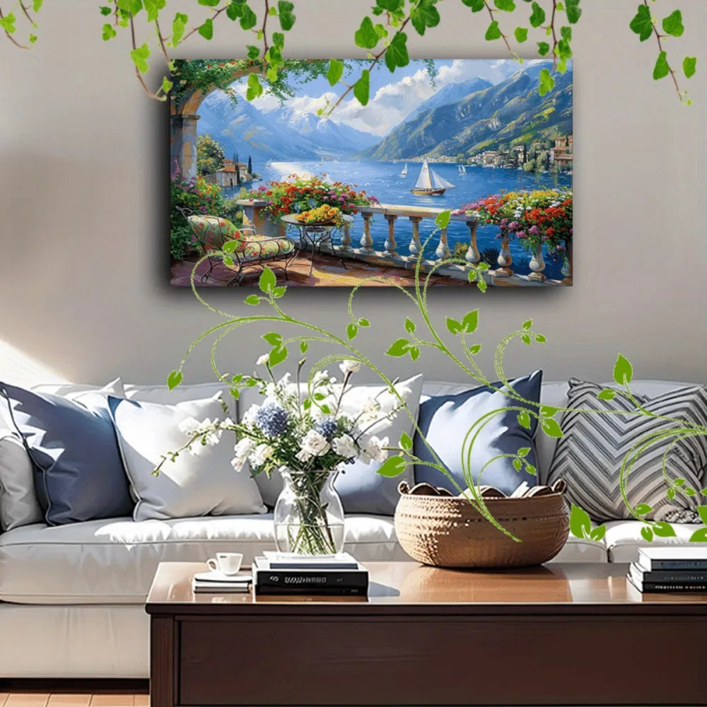 Interior Art Deco Decor With Floral Lake Mountains Balcony View