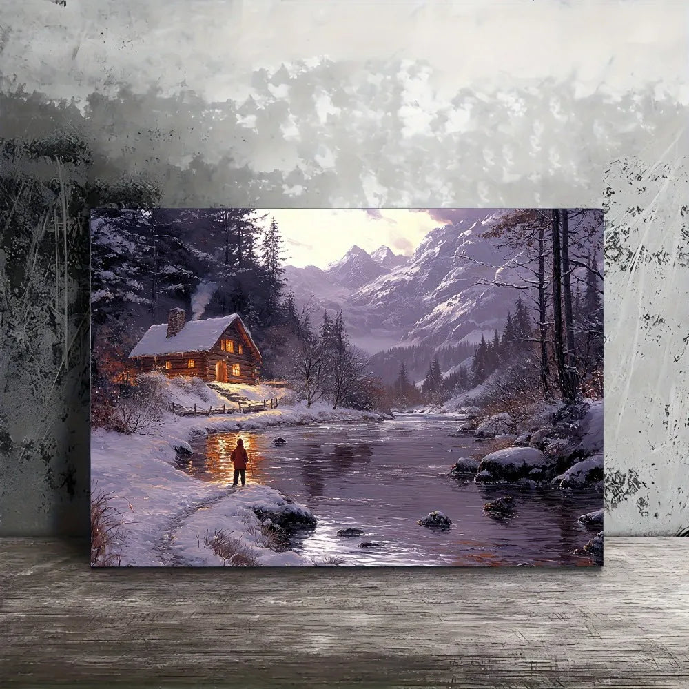Winter Cabin River View Wall Mural With Pine Frame