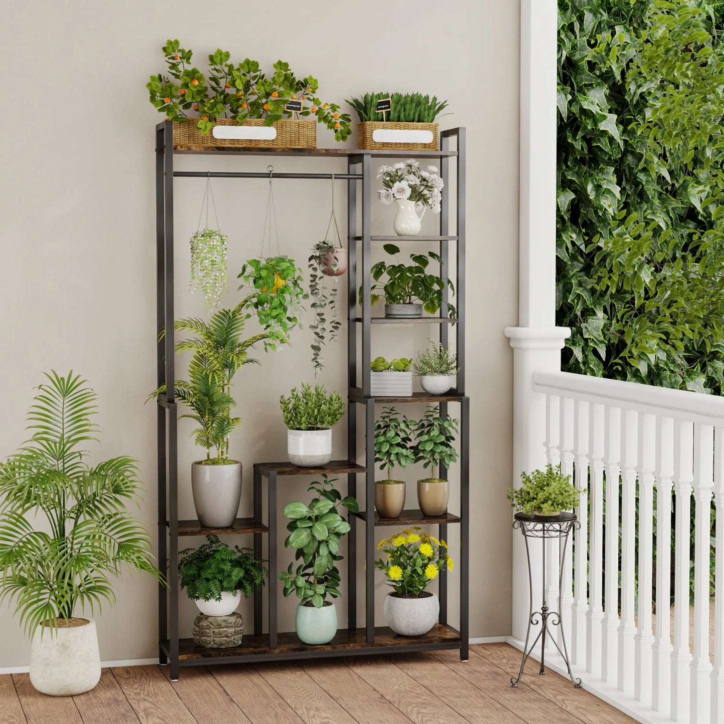 Indoor Plant Stand With Shelves And Hanging Rod Metal Frame