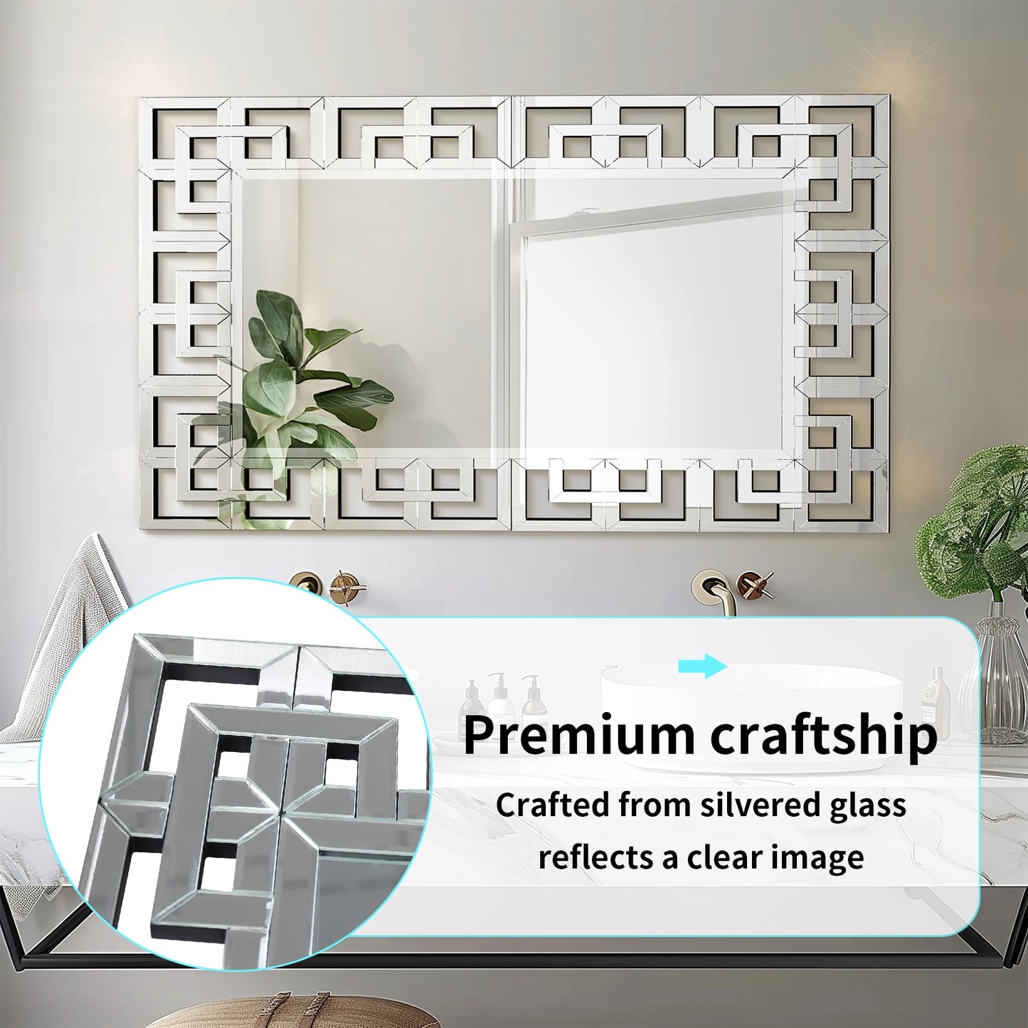 Rectangle Silver Venetian Art Mirror With Beveled Edge Wall Mount