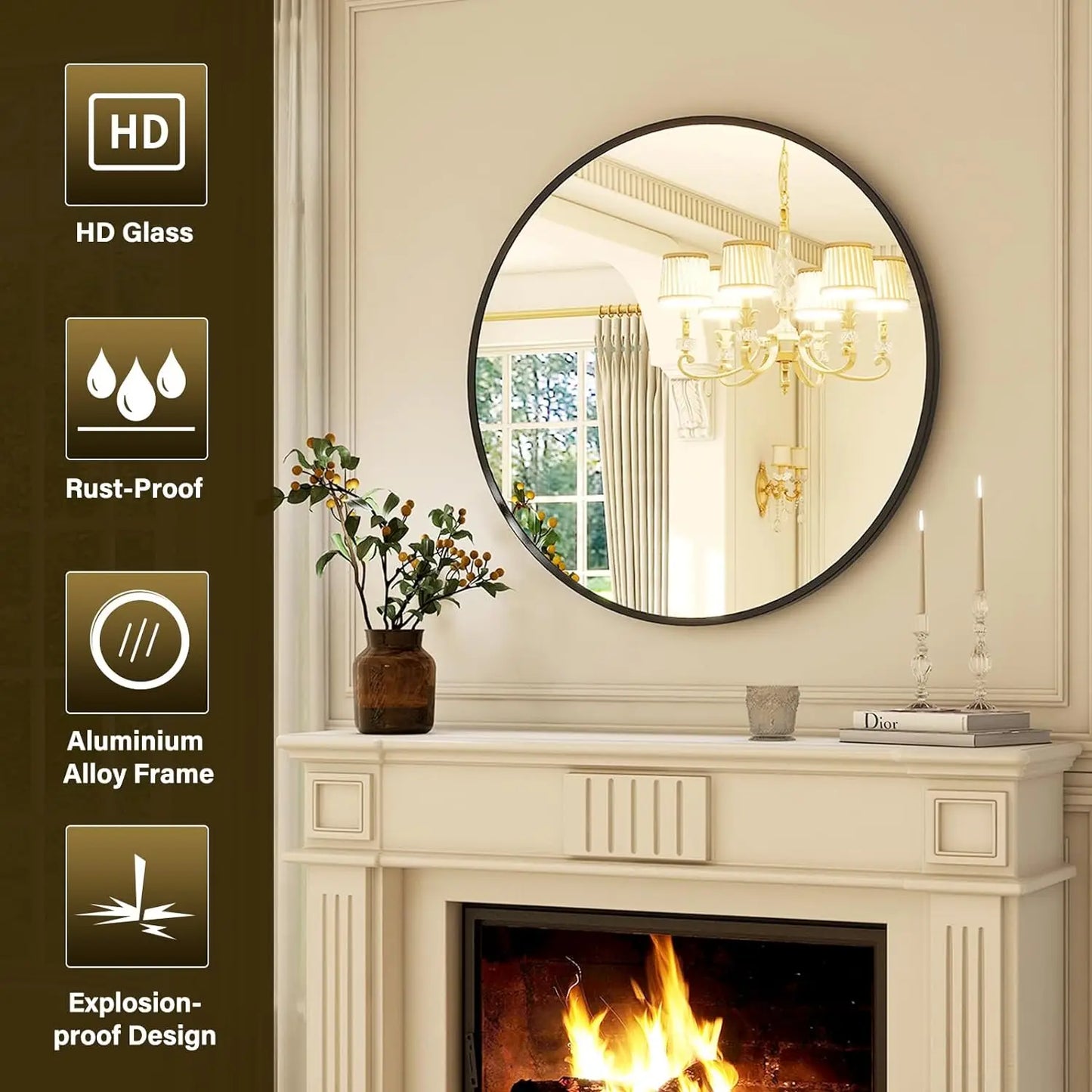 Round Metal Wall Mirror for Entryway and Living Spaces