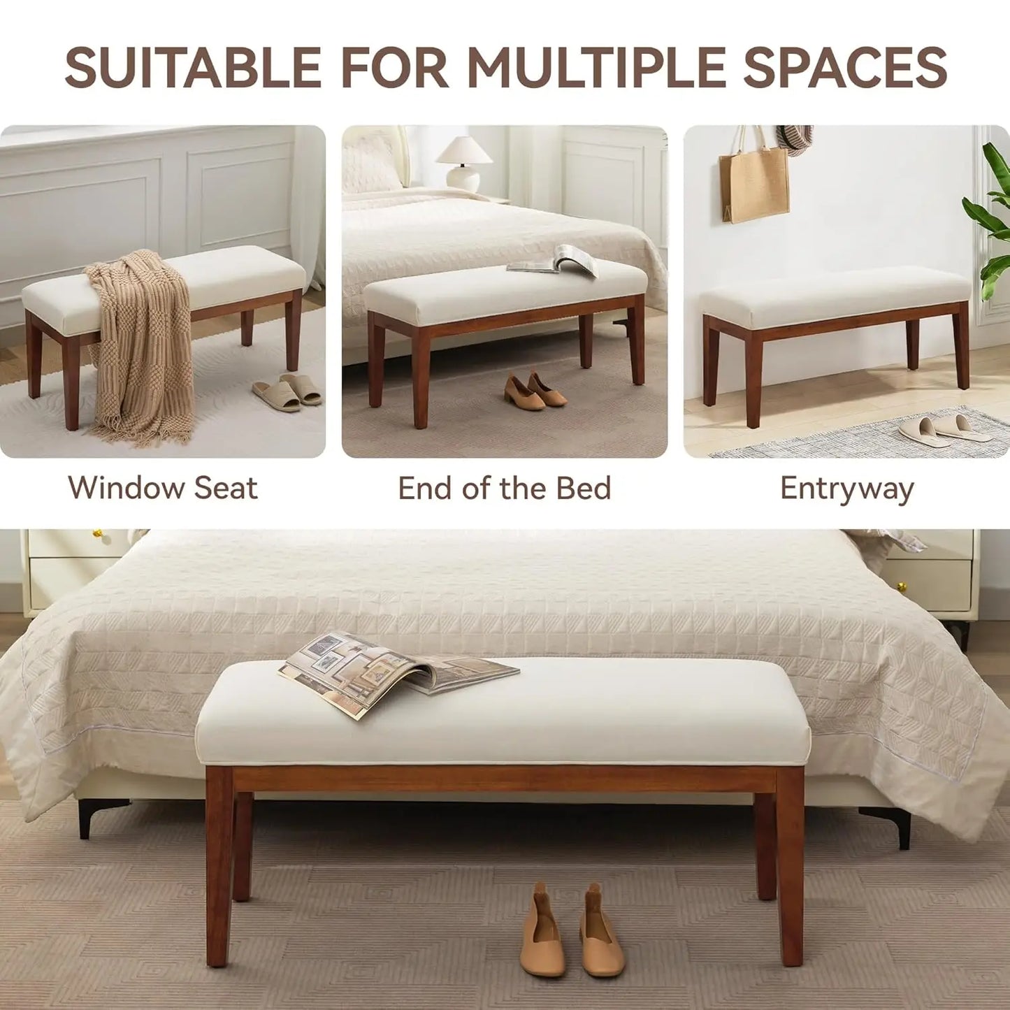 Linen Upholstered Bedroom Bench for End of Bed and Entryway