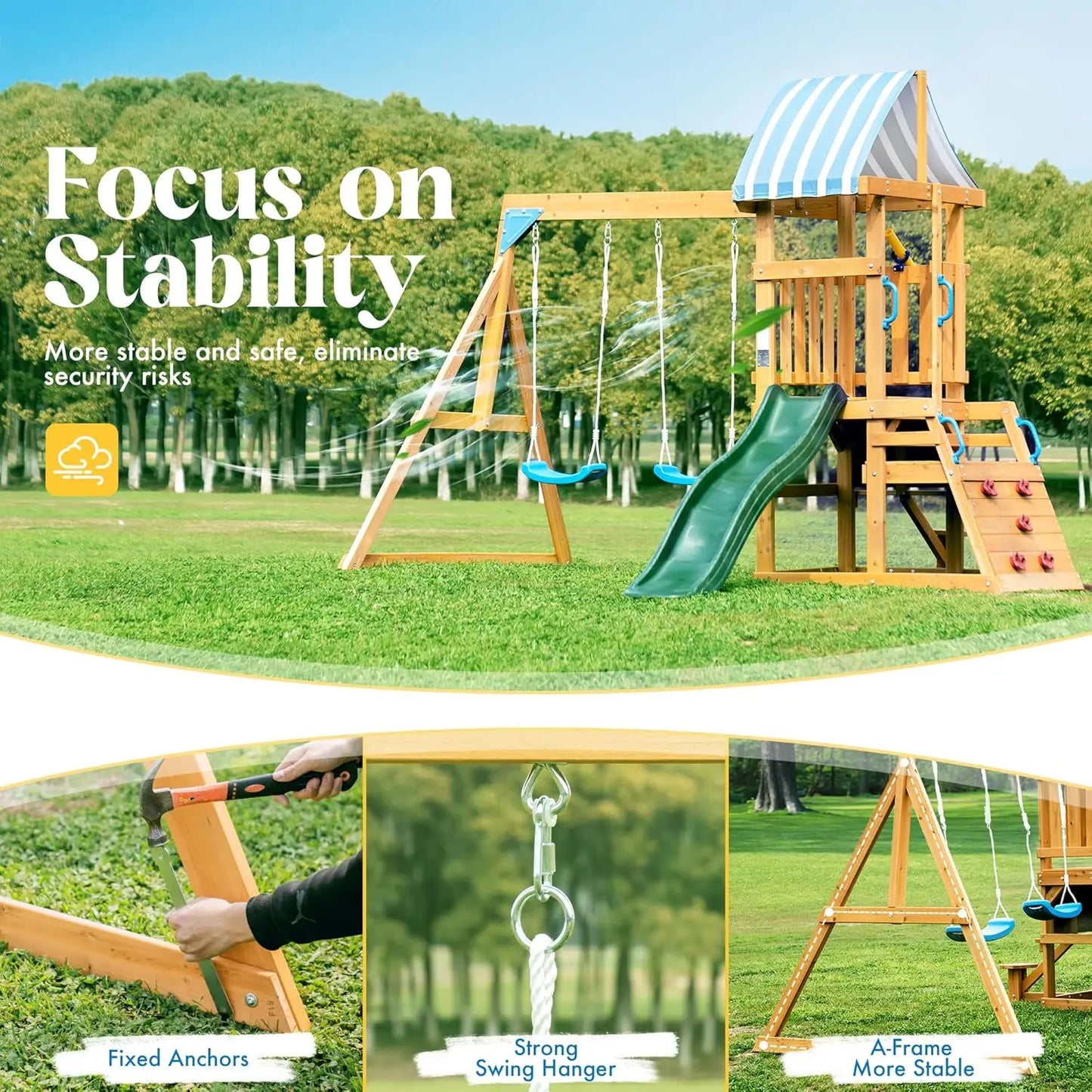 Rolife Wooden Swing Set For Kids With Climbing Wall Outdoor