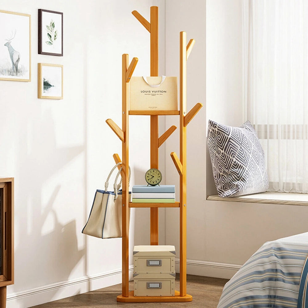 Wisfor Bamboo Corner Coat Rack Stand With Hooks And Shelves