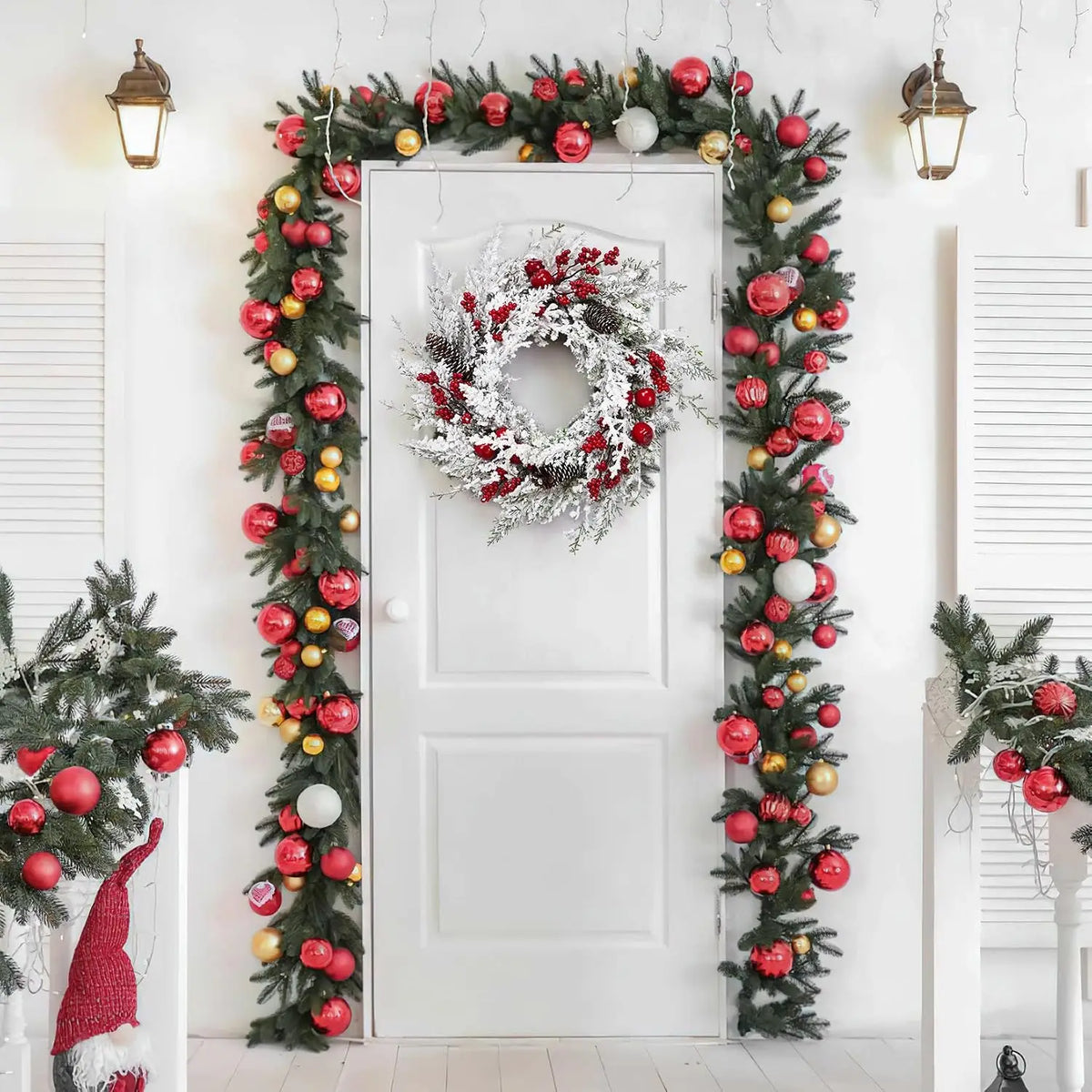 Snow Flocked Christmas Pine Wreath With Red Berries And Pinecones