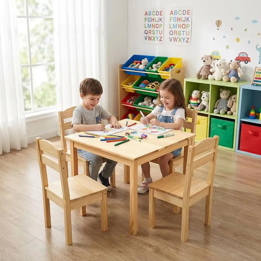 Natural Wooden Kids Table And Chair Set For Arts