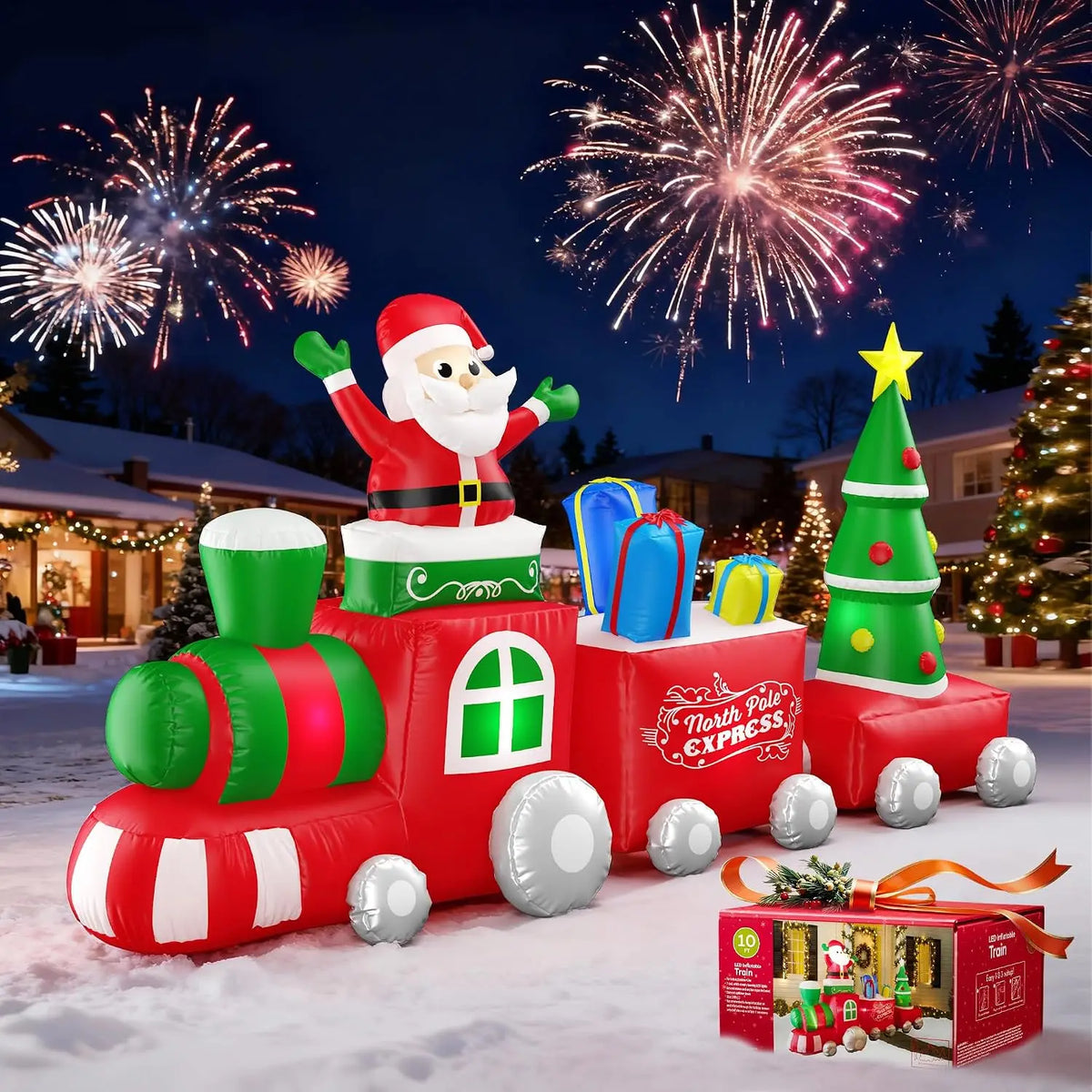 Giant Christmas Inflatable Santa Train With Lights And Holiday Characters