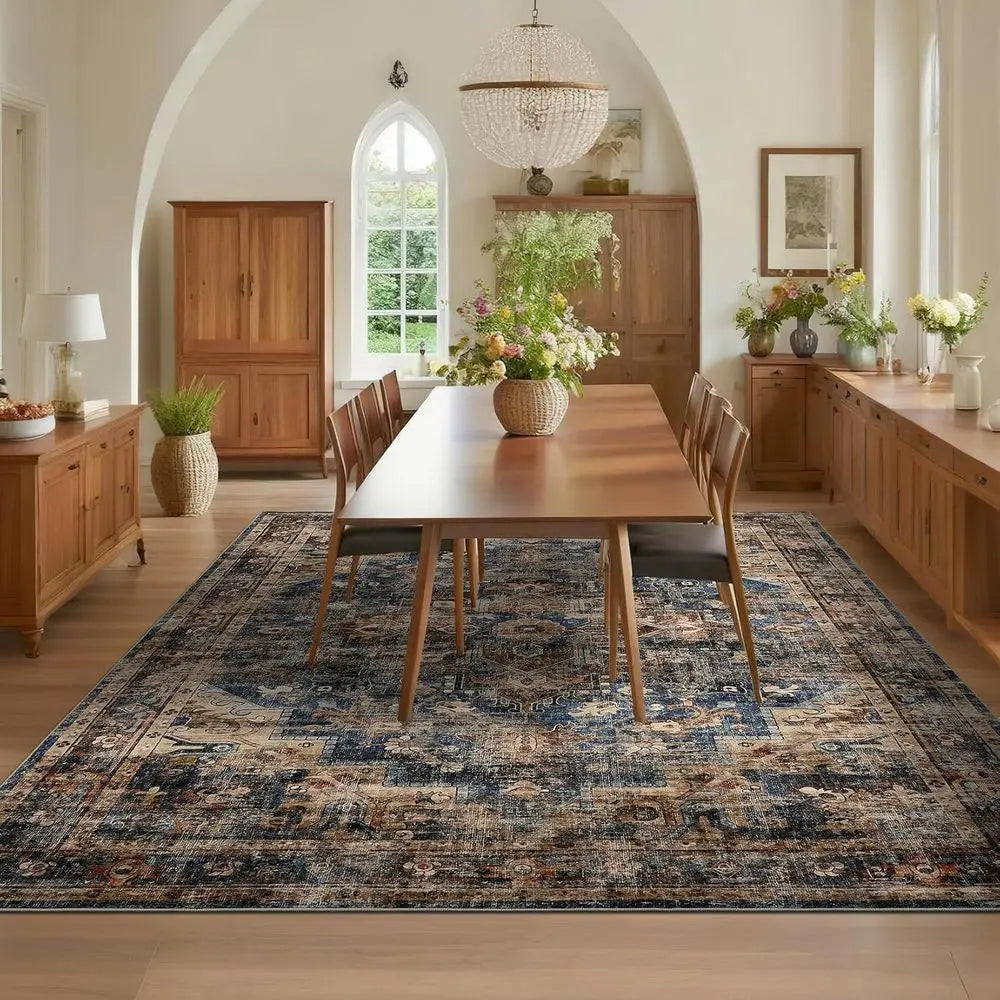 Vintage Living Room Area Rug: Machine Washable, Non-Slip, Stain Resistant Carpet for Indoor, Bedroom, Dining Room - Blue & Brown