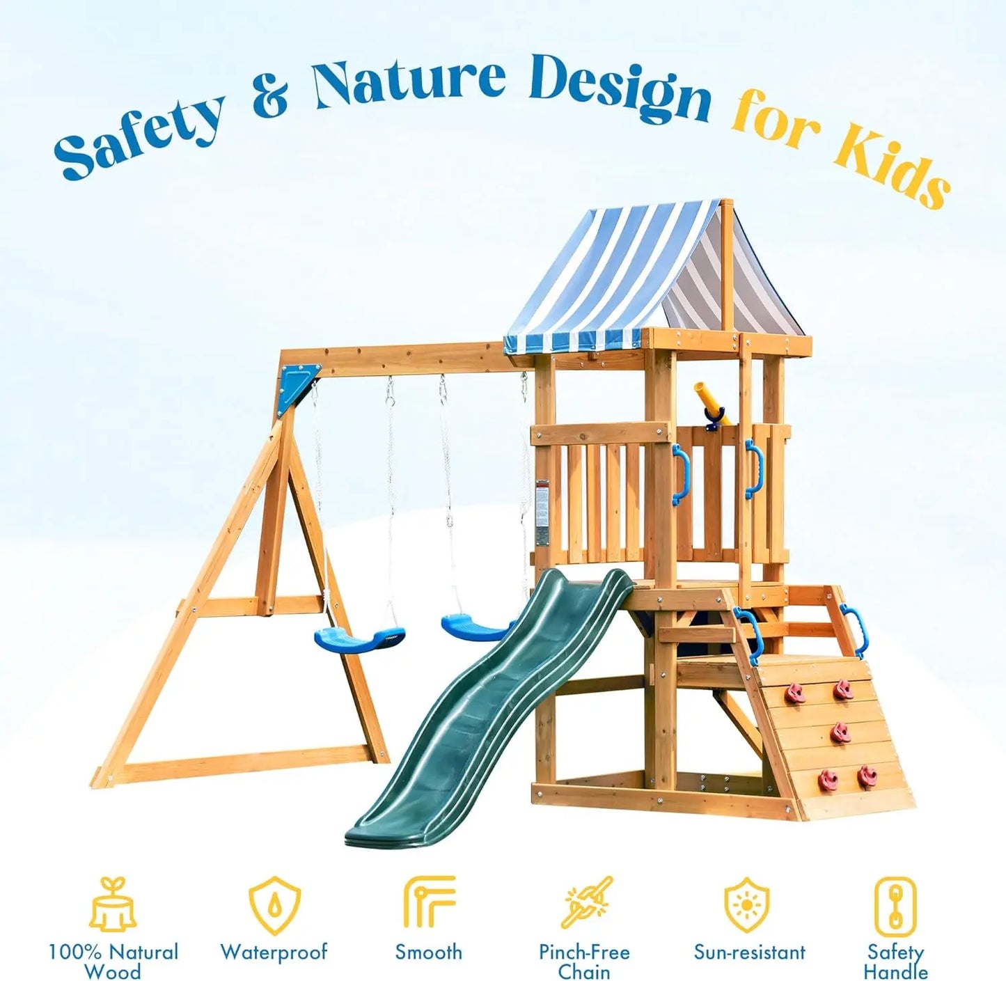 Rolife Wooden Swing Set For Kids With Climbing Wall Outdoor