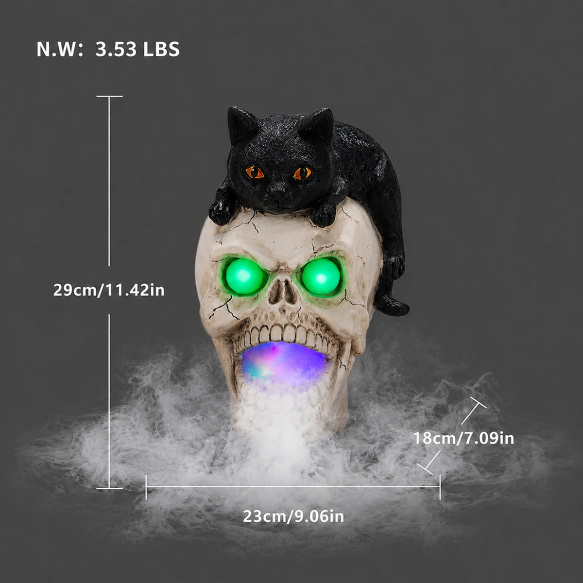 Halloween Black Cat Skull Statue With Fog And LED Lights