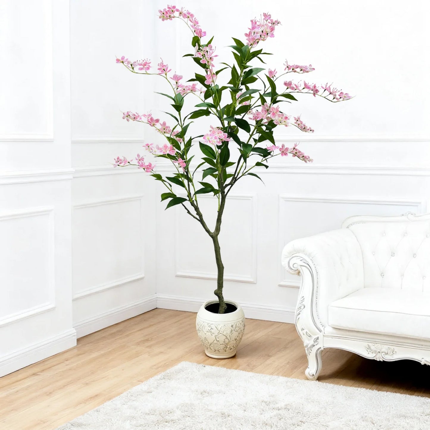 4ft/5ft/6ft Tall Artificial Jasmine Tree, Realistic Potted Fake Plants with White Pot, Faux Flowering Tree for Wedding,Lobby