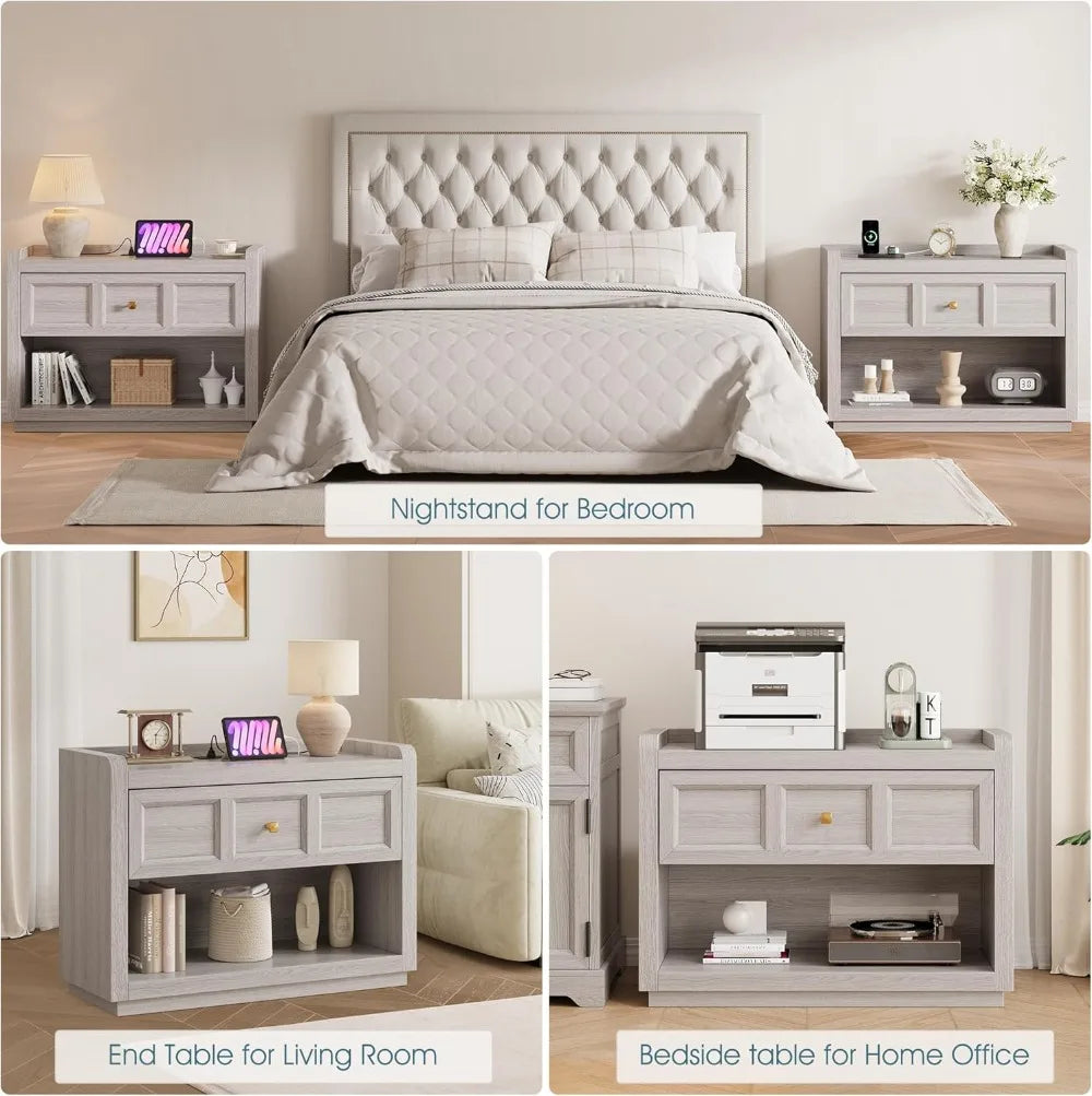 Nightstand With Charging Station And Large Drawer Farmhouse Bedside Table