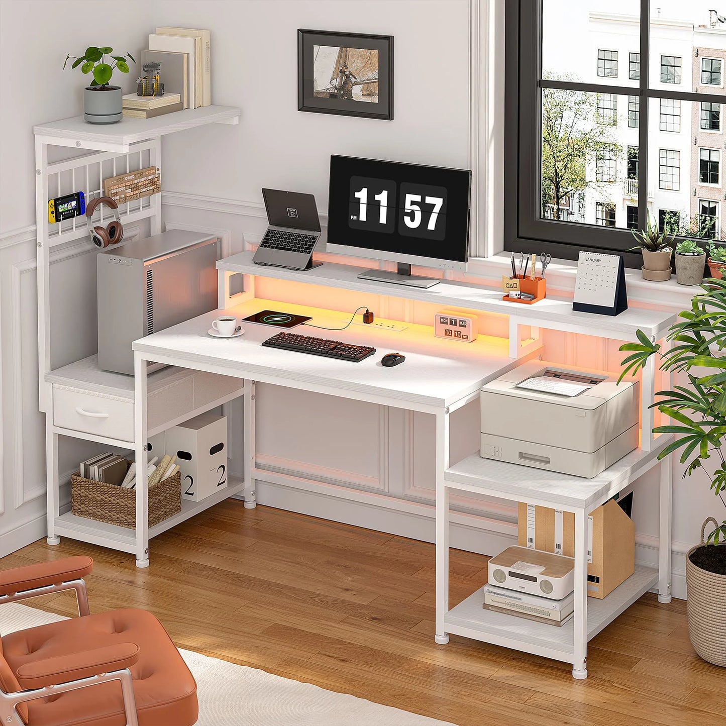 EnHomee 55 Inch Gaming Desk With Power Outlets And Storage