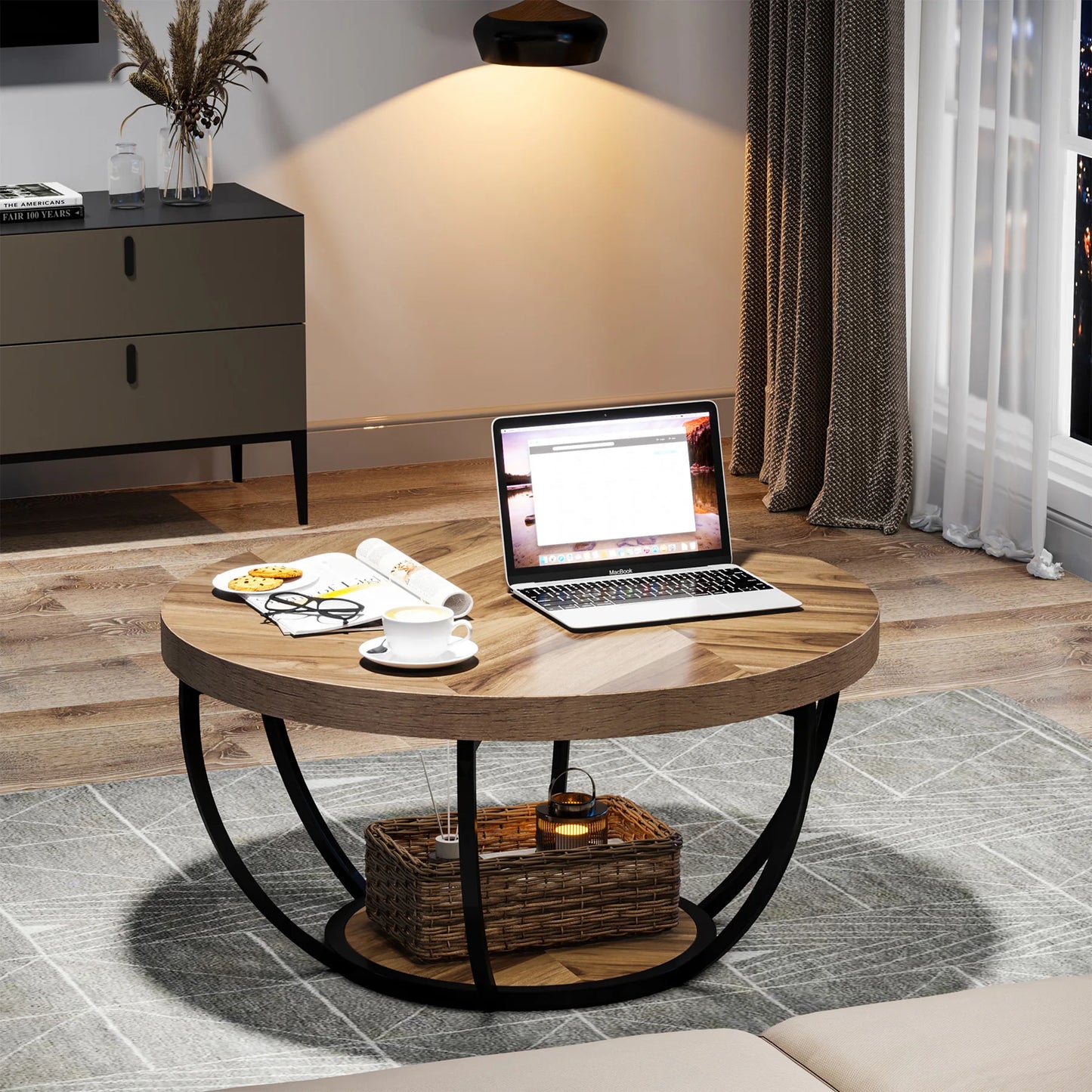 Tribesigns Round Coffee Table With Storage Shelves