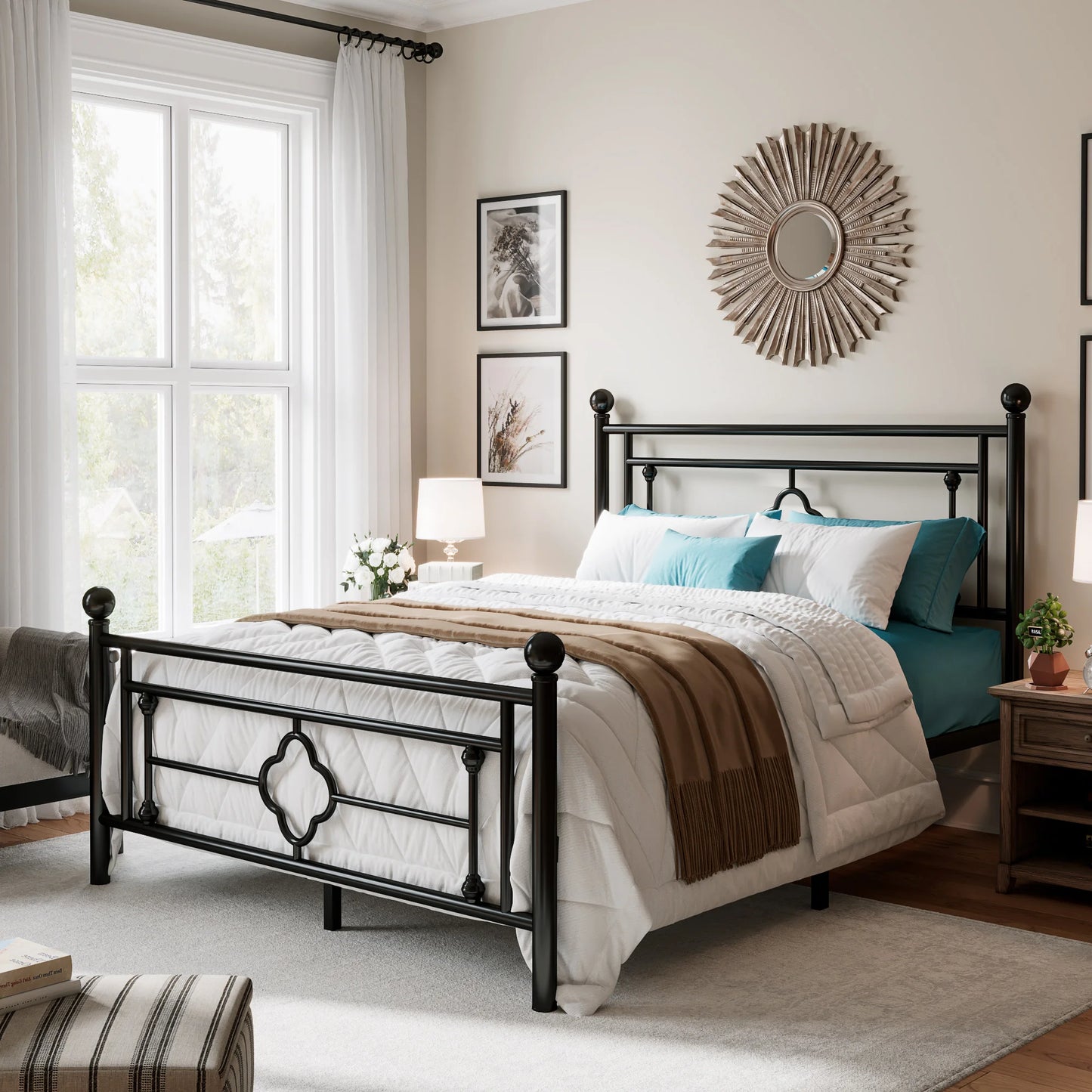 HOOMIC Vintage Victorian Metal Platform Bed Frame With Headboard Footboard