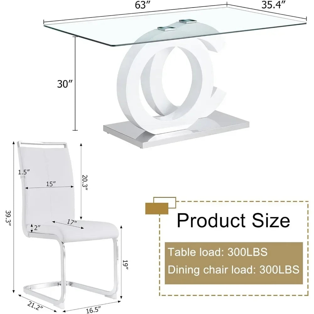 Glass Dining Table Set With Tempered Glass Top PU Chairs
