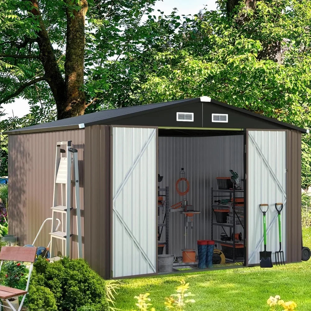 9.4x7.3x6.5 FT Outdoor Storage Shed, Garbage Can, Outdoor Metal Shed for Tool, Garden, Bike, Placed in Patio, Garden Brown Base