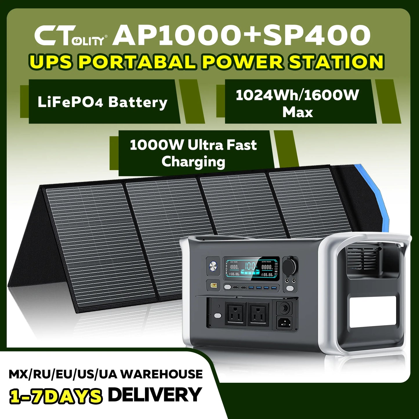 CTOLITY AP1000 1600W Solar Generator 1024Wh LiFePO4 Battery And 41V 400W Panel