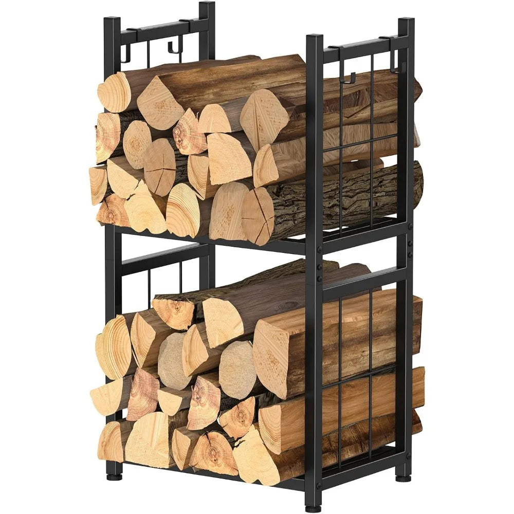 2-Tier Firewood Holder with 4 Hooks Heavy Duty Indoor Outdoor Rack for Fireplace, Fire Pits,Stoves Black Wood Storage Organizer