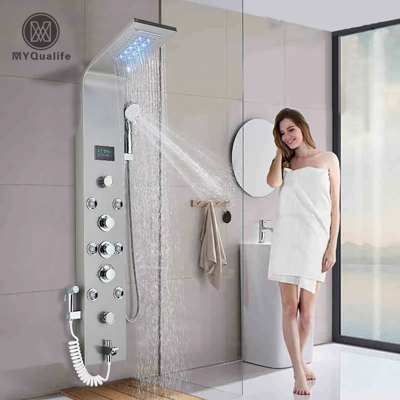 MYQualife LED Rainfall Waterfall Shower Panel With Triple Handle Controls