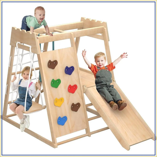Indoor Toddler Climber Playset 8 In 1 Wood Jungle Gym