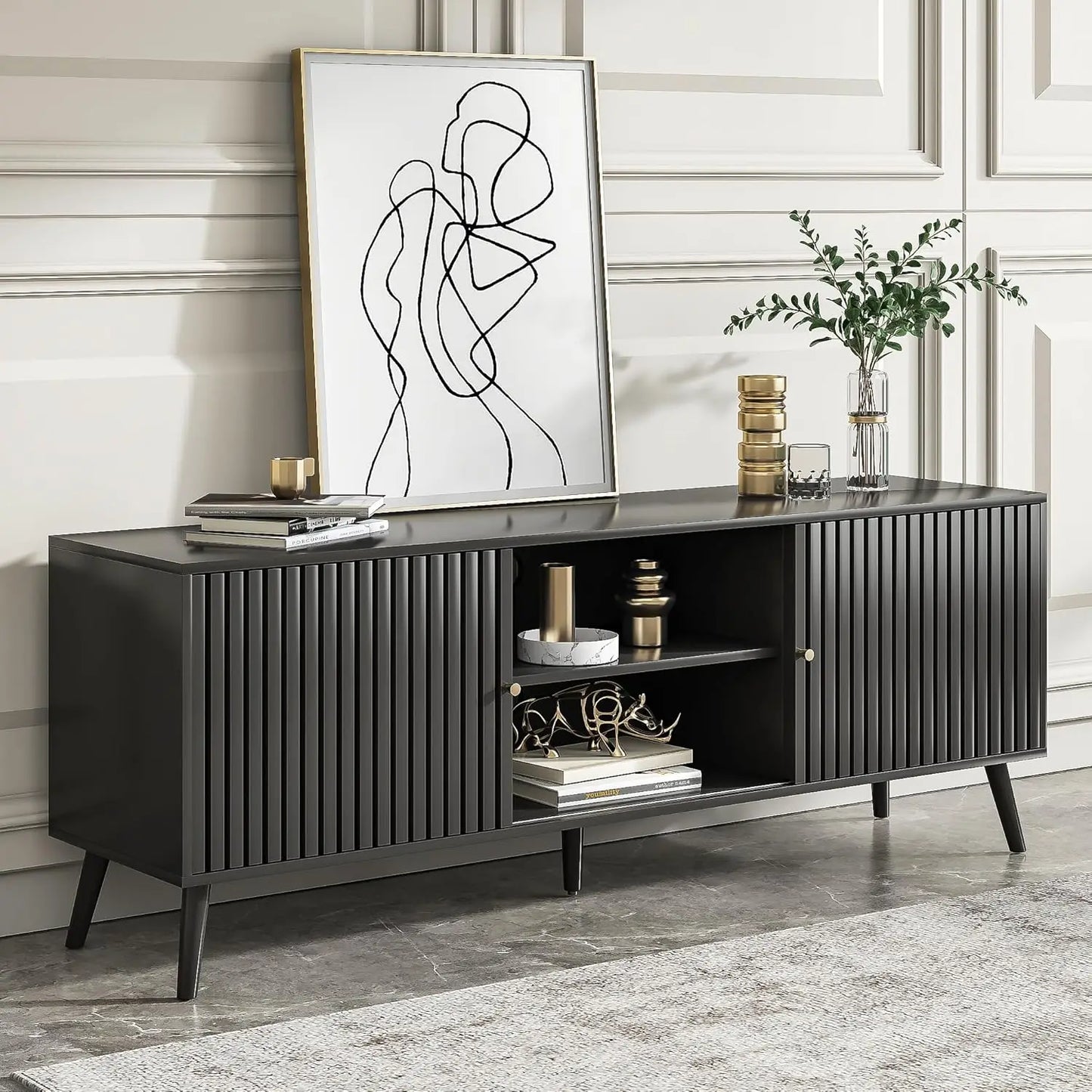 Mid Century Modern TV Stand With Sliding Doors And Storage