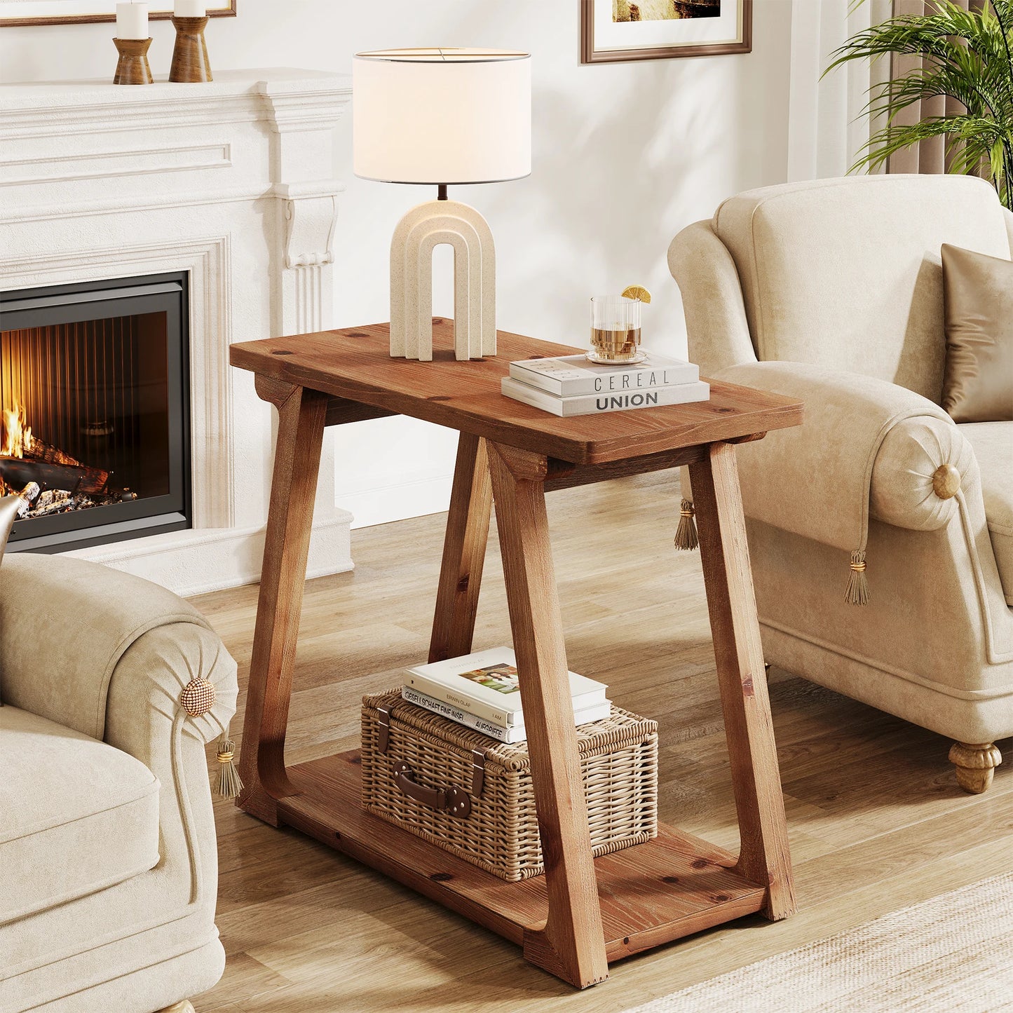 Tribesigns 2 Tier Solid Wood End Table Narrow Farmhouse Nightstand