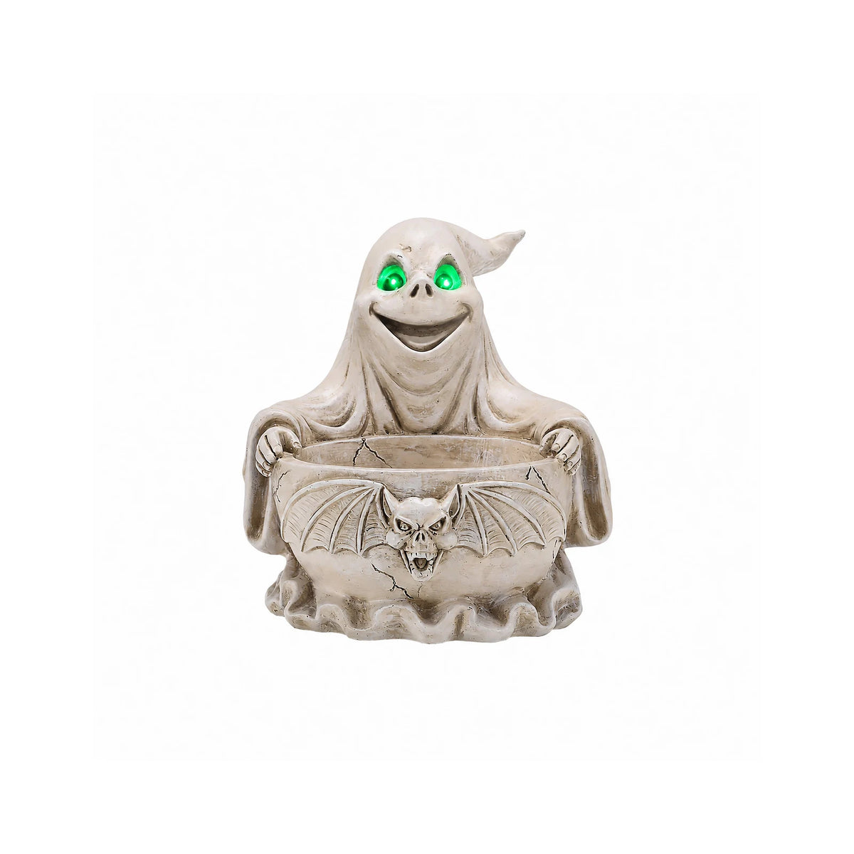 Halloween Ghost Candy Bowl with LED Eyes and Bat Decor