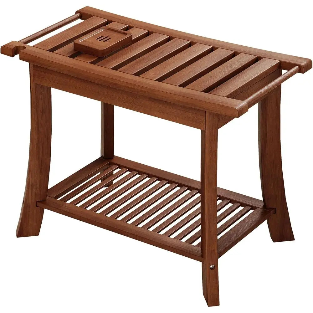 Teak Shower Bench With Storage Shelf And Towel Rack For Indoor Outdoor Baths
