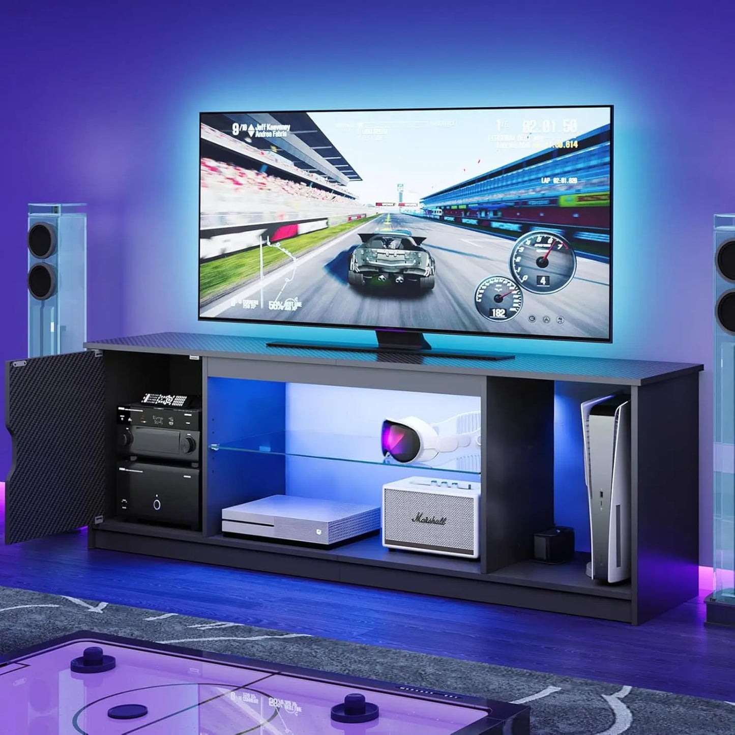Gaming TV Stand With Power Outlets And Adjustable Glass Shelves