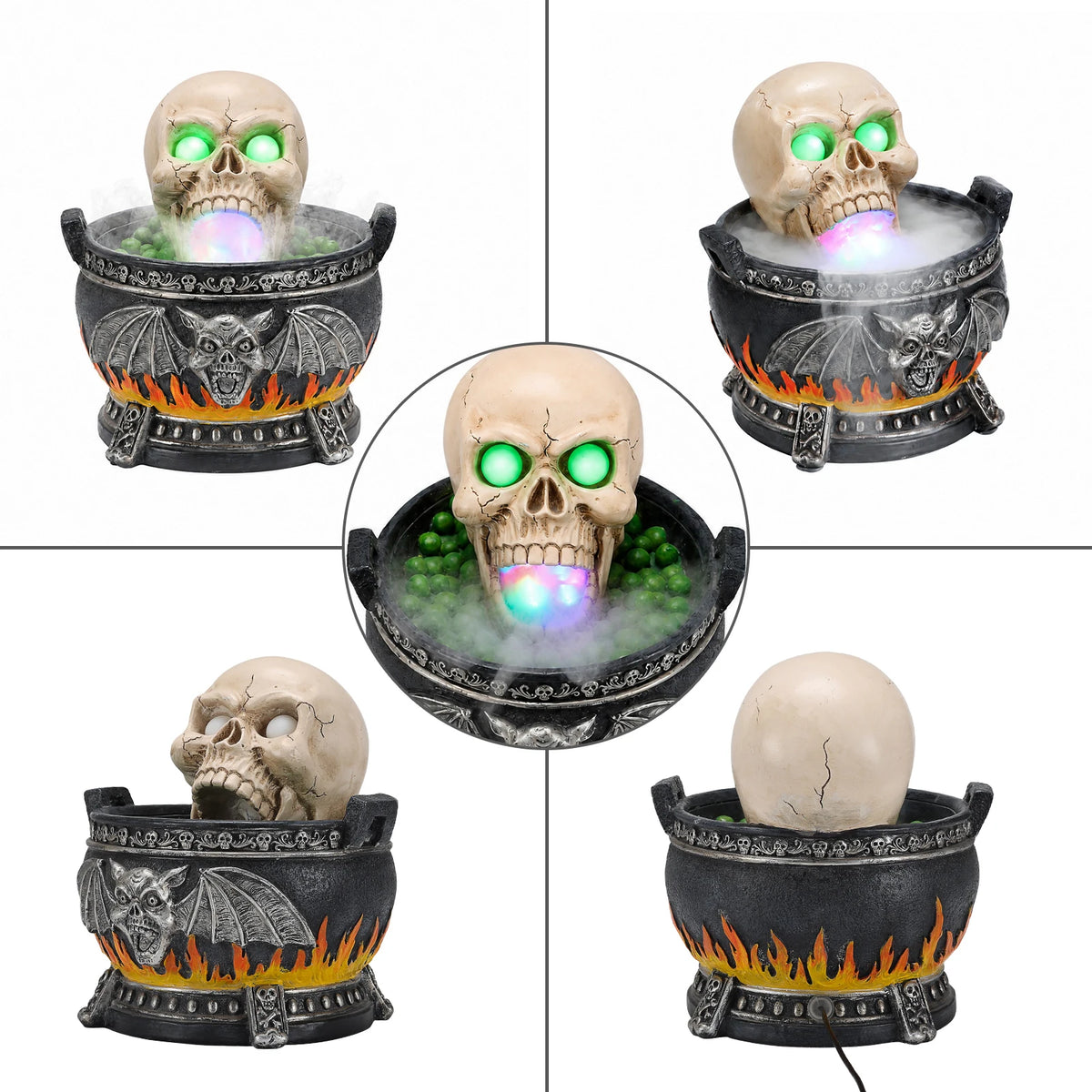 Halloween Skull Cauldron Statue With LED Light And Fog Effect