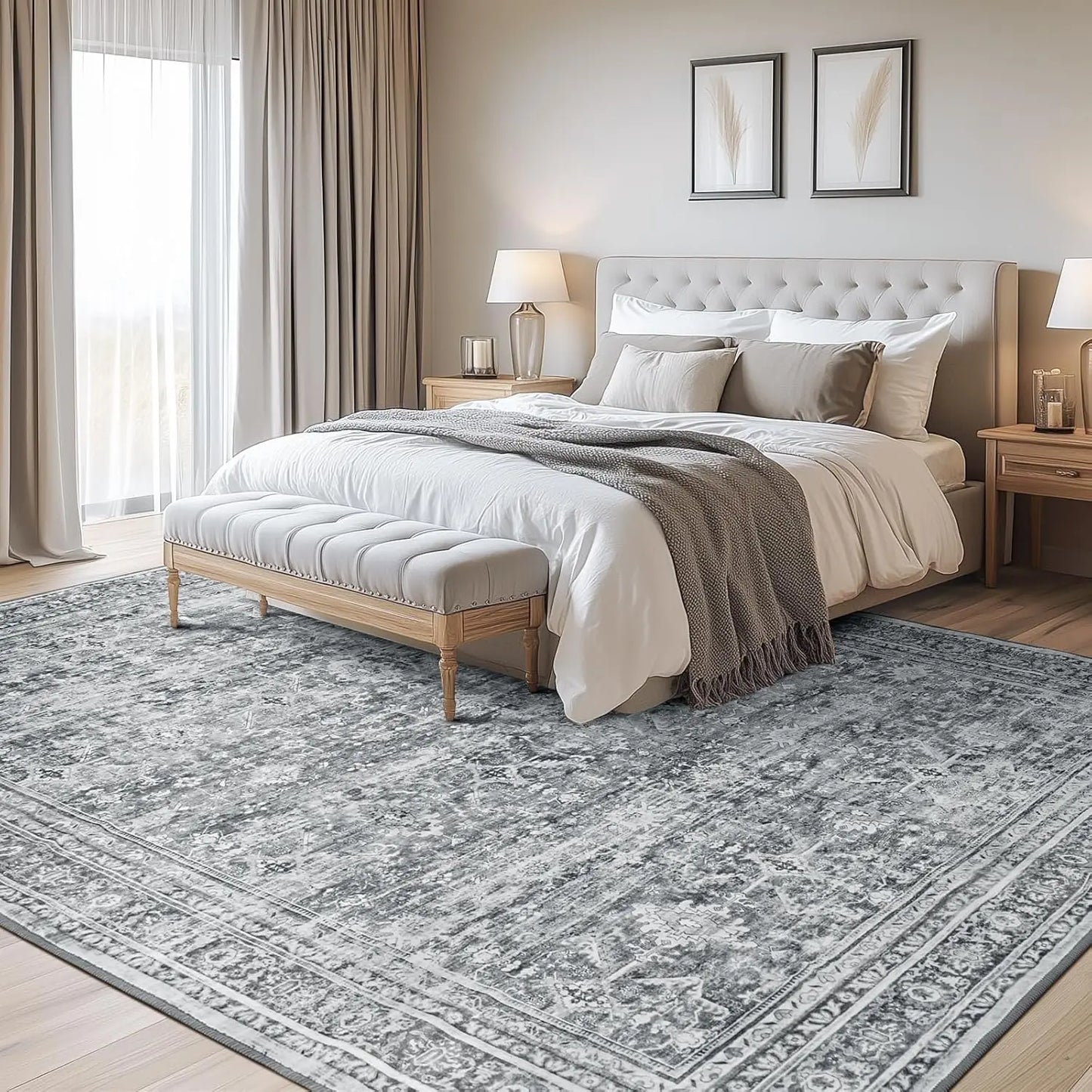 8x10 Washable Gray Floral Area Rug With Non Slip Backing