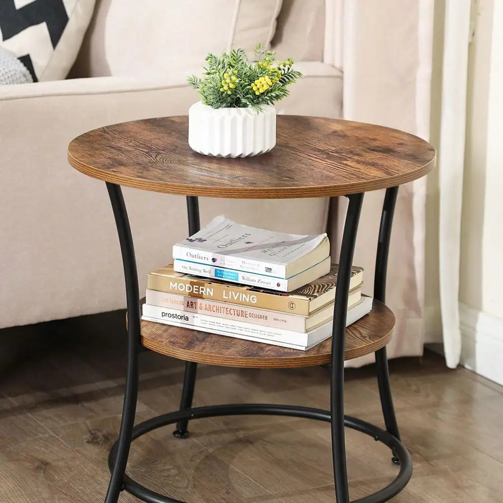 Round End Table With Steel Frame And Two Shelves For Living Rooms