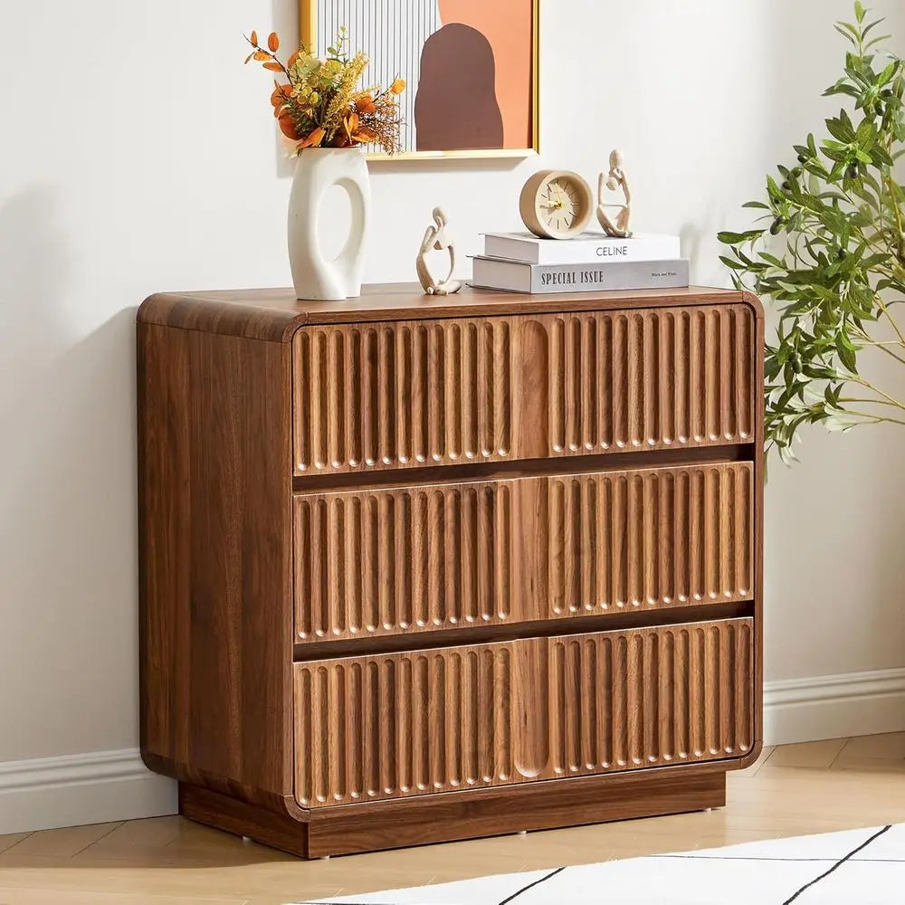 Fluted 3 Drawer Dresser, Mid Century Modern Wood Bedroom Furniture
