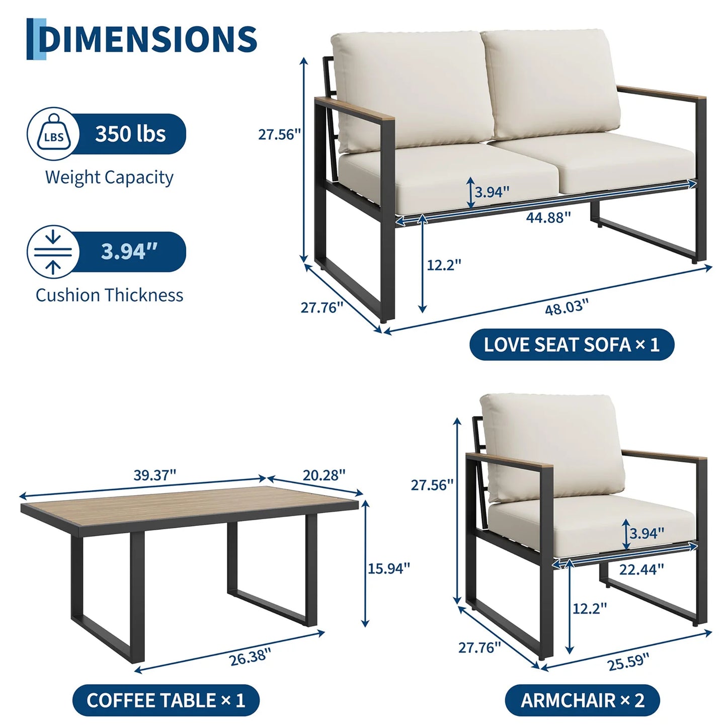 HobbyLane Modern 4-Piece Patio Furniture Set With Outdoor Coffee Table