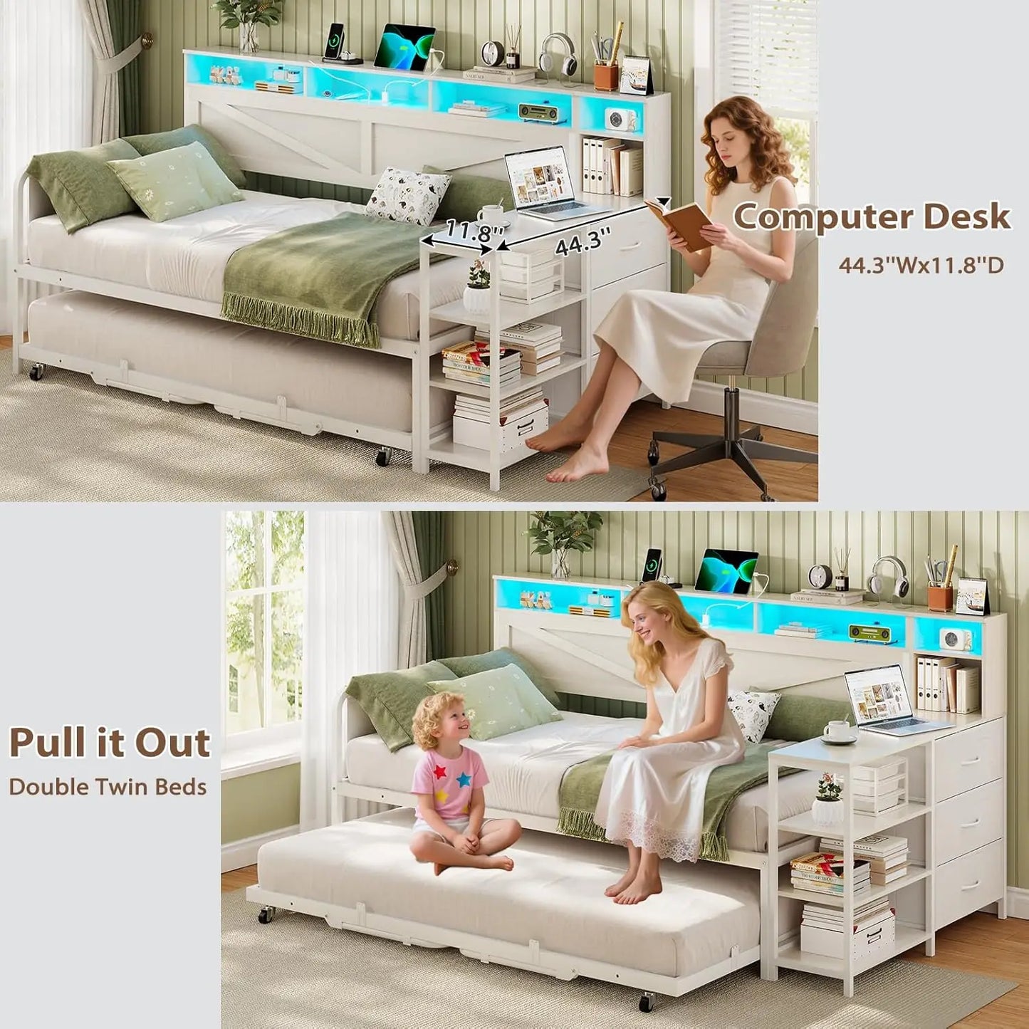 Folded Daybed With Pop Up Trundle And Storage Drawers