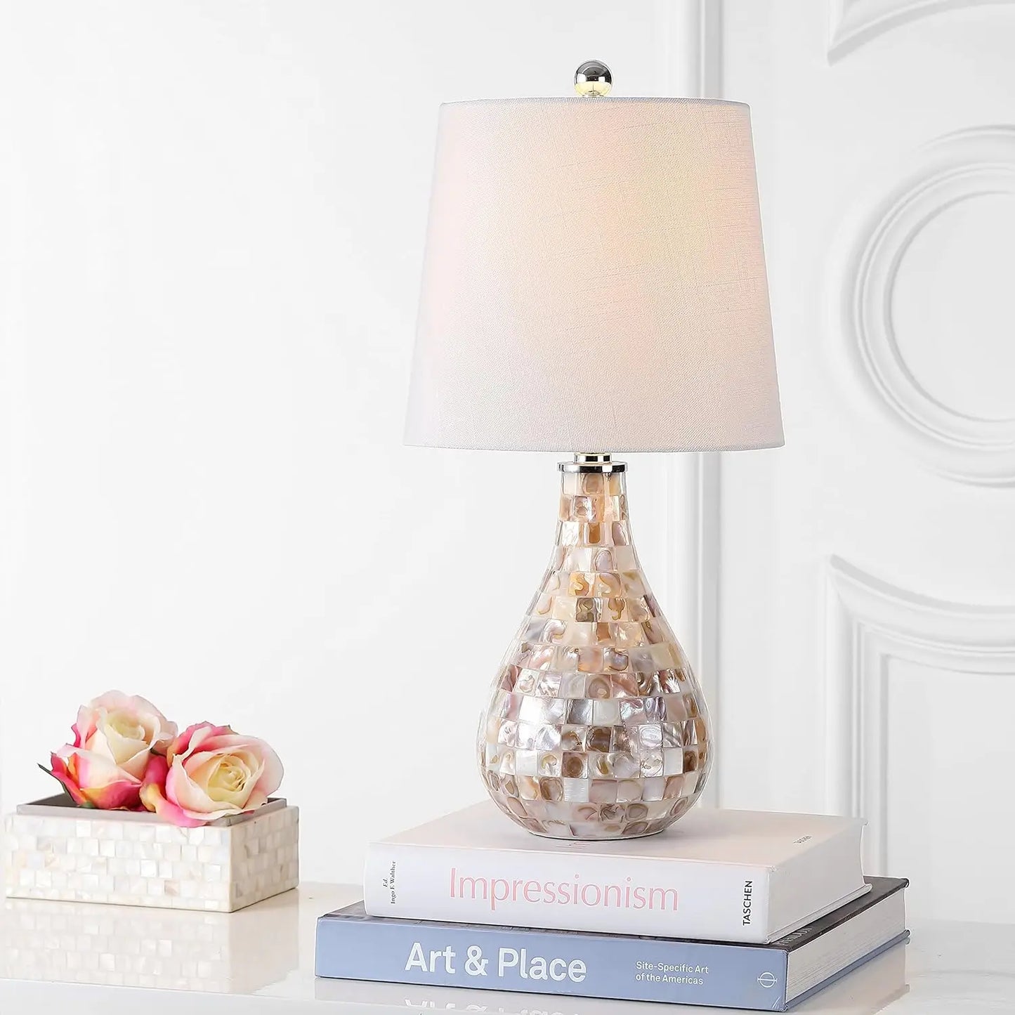 Seashell Coastal Mini LED Table Lamp With Linen Drum Shade
