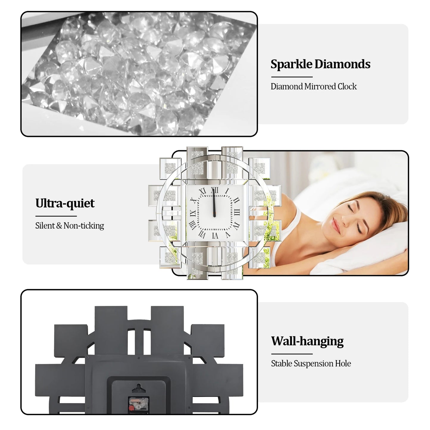 Irregular Diamond Mirrored Wall Clock With Roman Numerals Quartz