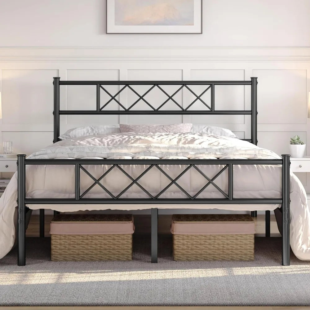 Queen Size Metal Platform Bed Frame with Simple Headboard and Footboard, Mattress Foundation for Under Bed Storage, St