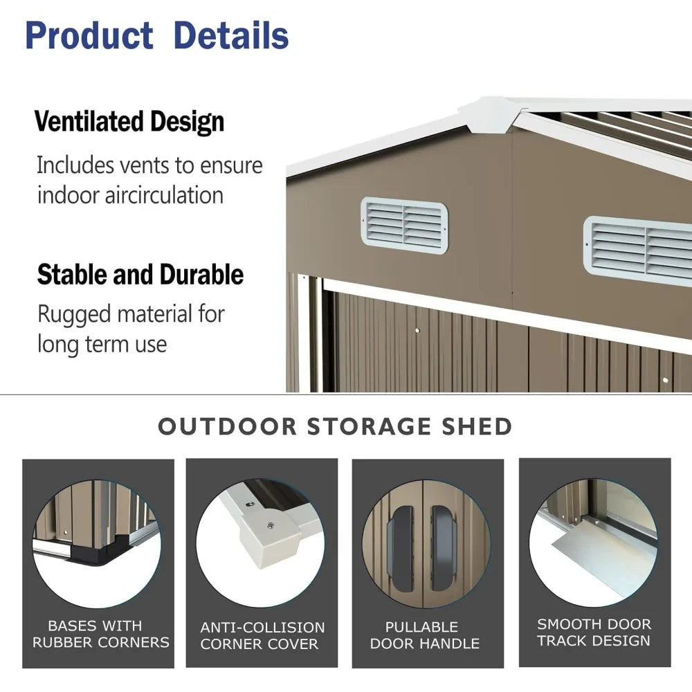 Waterproof Outdoor Galvanized Metal Storage Shed With Ventilated Sliding Door