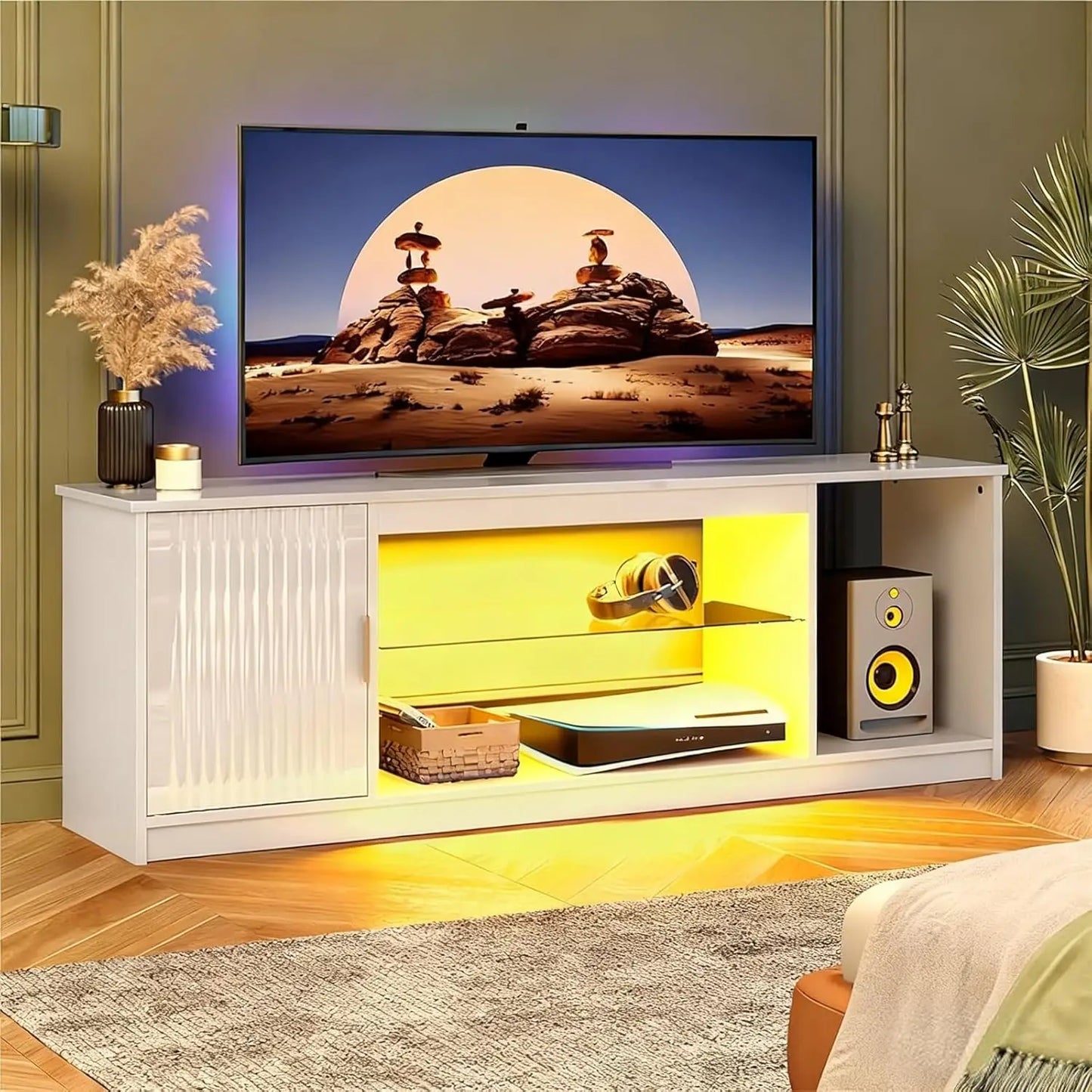 Gaming TV Stand With Power Outlets And Adjustable Glass Shelves