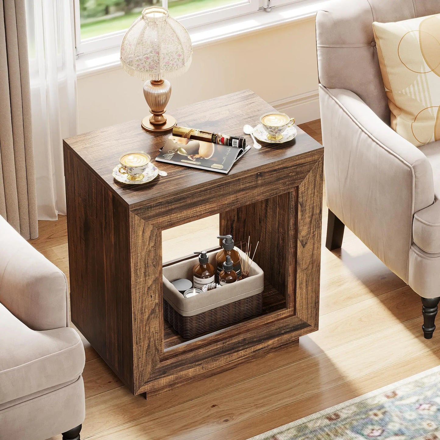 Tribesigns Rustic Wood End Table, 2 Tiered Square Side Table with Storage Shelf, Industrial Sofa Side Table for Living Room, Ent