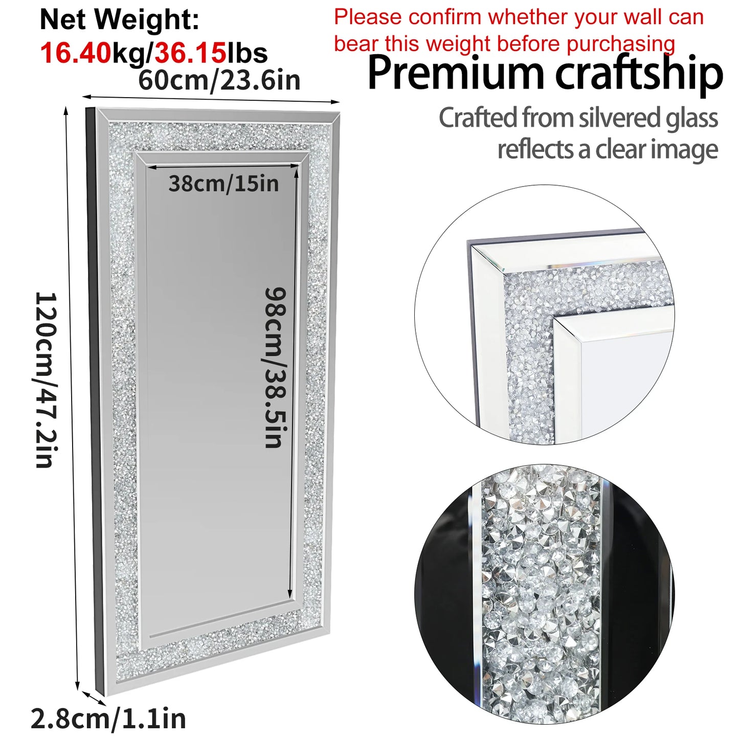 Crystal Crush Diamond Wall Mirror For Home Decor Living Room