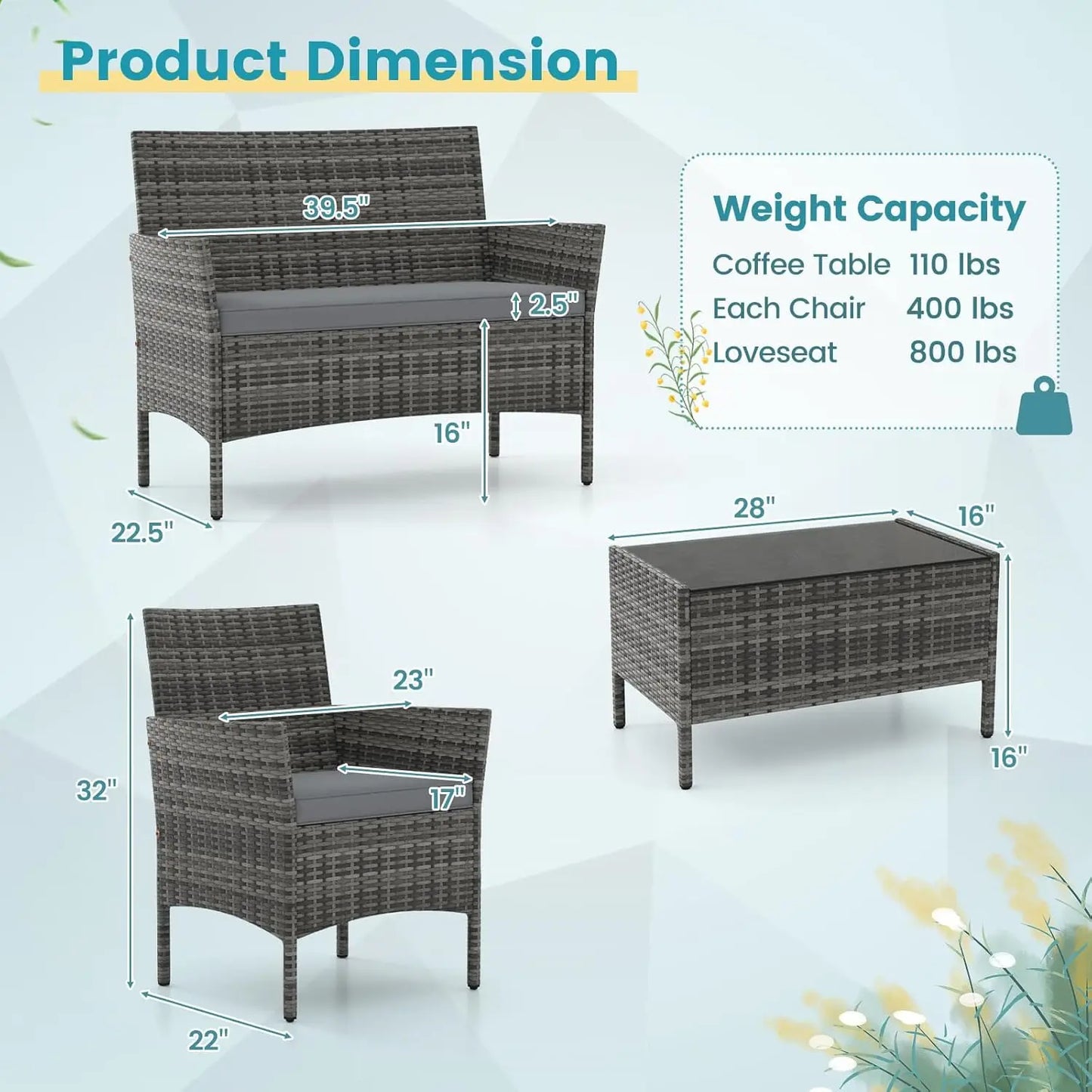 Rattan Outdoor Patio Furniture Set With Cushions And Coffee Table